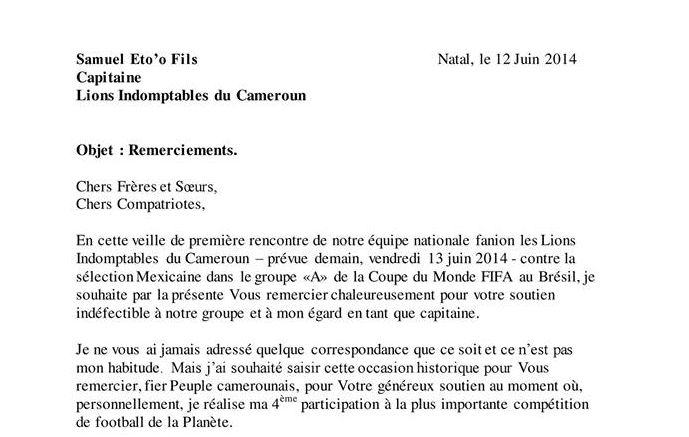 Article : Quand Samuel Eto’o écrit aux Camerounais pour les rassurer